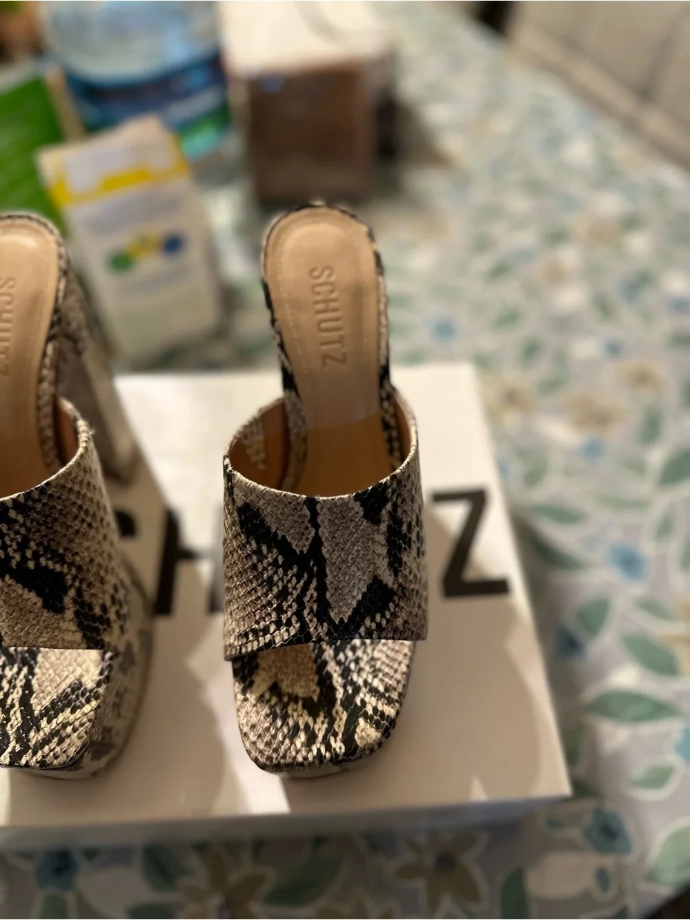 SCHUTZ Snake-Print Platform Slide Heels - Black/Cream